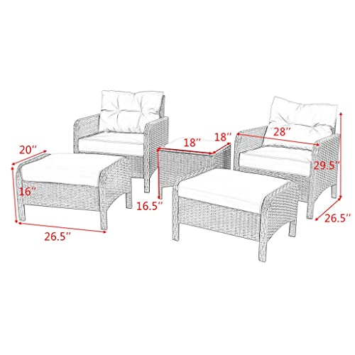 TJLSS 5 PCS Rattan Wicker Furniture Set Sofa Ottoman W/Brown Cushion Patio Garden Yard