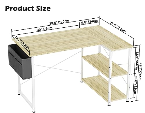 HOMIDEC L Shaped Desk 100CM Computer Desk Study Office Desk Gaming Desk Writing Table With Bookshelf Reversible Corner Desk For Home Office Studi