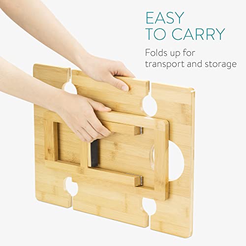 Navaris Portable Wine Picnic Table - Foldable Table with Bottle and Glass Holder - Small Bamboo Outdoor Beach Tray for Adults - Holds 4 Wine Glas