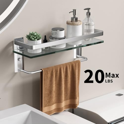 Danpoo Bathroom Wall Shelf, Tempered Glass Bathroom Shelf with Towel Bar(Matte Silver)