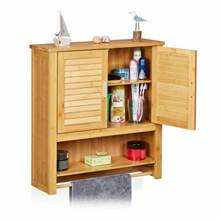 Relaxdays LAMELL Bamboo Cabinet: 66 x 60 x 20 cm Bathroom Wall Mount Hanging Cupboard with 2 Doors and Sheves, Bathroom Storage Shelves, Natural
