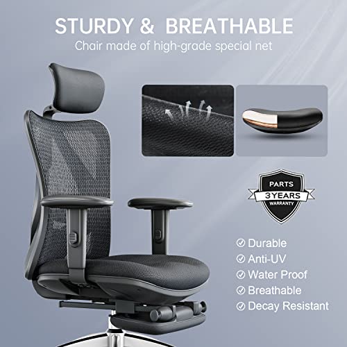 SIHOO Office Chair Ergonomic with Footrest, Breathable Mesh Design High Back Computer Chair, Adjustable Headrest and Lumbar Support (Black)