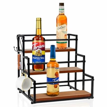 AIEWEV Coffee Syrup Bottle Rack,3 Tier Wine Bottle Holder Shelf, Wooden and Metal Coffee Bar Organizer Accessories,12 Bottles Storage Shelves for
