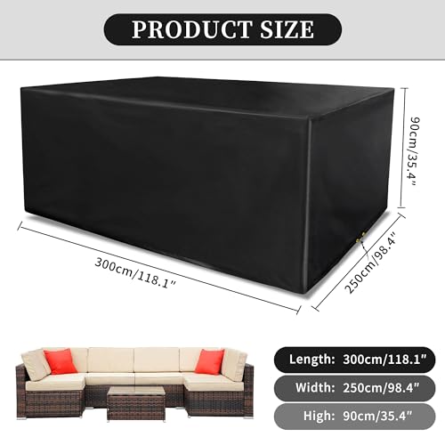 Funshot Garden Furniture Cover Waterproof, 300x250x90cm Outdoor Garden Table Cover for Table and Chair Windproof, Anti-UV Heavy Duty 420D Oxford