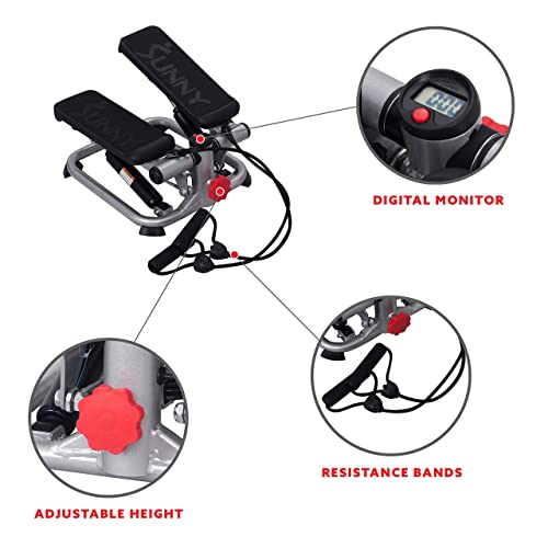 Sunny Health & Fitness Mini Stepper, Stair Stepper, Total Body Step Machine Exercise Equipment with Resistance Bands and LCD Monitor for Home Wor