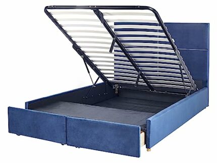 Velvet Bed Frame EU Double Size with Storage 4ft6 Navy Blue Slatted Base Vernoyes