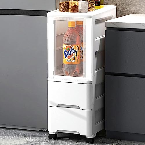 CIADAZ 3/4 Tier Rolling Storage Cart with Clear Drawers, Bathroom Floor Cabinet, Tall Bathroom Storage Cabinet Organizer Narrow Dresser Storage T