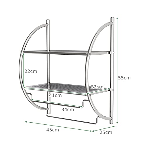 Multigot Towel Rack, Steel Wall-Mounted Curved Shelving Unit, 2-Tier Double Towel Holder with Hanging Rails for Bathroom and Kitchen, 45x26x54cm