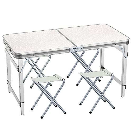 Ostazt Folding Table 4ft with 4 chairs Camping Buffet Table Portable Adjustable Height Garden Desk for Party Picnic Dinner Kitchen