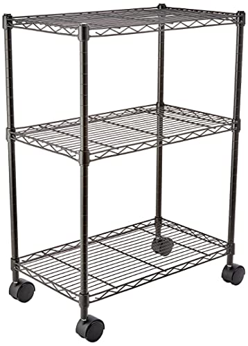 Amazon Basics 3-Shelf Narrow Storage Unit On Wheels With Height Adjustable Shelves and Levelling Feet, 340 kg Max Weight, Black, 34 cm D x 58.9 c