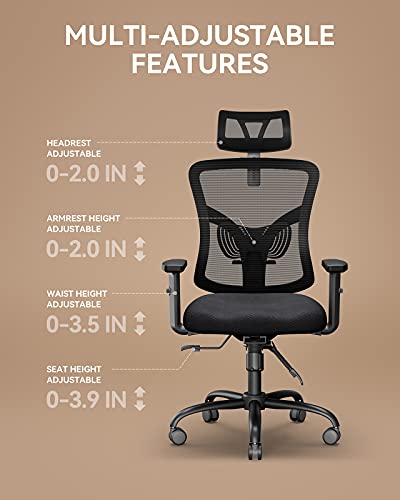 NOBLEWELL Office Chair, Desk Chair with 2'' Adjustable Lumbar Support, Headrest, 2D Armrest Task Chair, Ergonomic Office Chair Backrest 135° Free