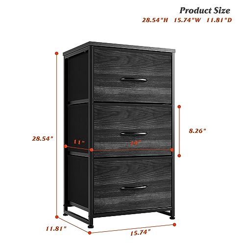 Nicehill nightstand, Wooden top Board, Fabric, Steel Frame, Black Wood Grain, 3-Drawer