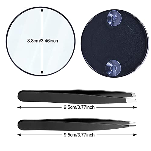 MIVAIUN 4 Pieces Detail Magnifying Mirror and Tweezers Kit Makeup Mirror Suction Cup Mirror Travel Mirror 15X 10X for Makeup Eyebrow Tweezing Mak