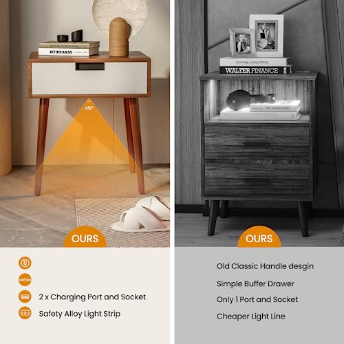 Frylr Nightstand with LED Light,End Table with Charging Station Touch & Hand Waving Control Bedside Tables, Side Table for Bedrooms, Living Room,