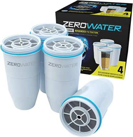 ZeroWater Replacement Water Filter Cartridges, 5 Stage Filtration System Reduces Fluoride, Chlorine, Lead and Chromium, 4 x Filter