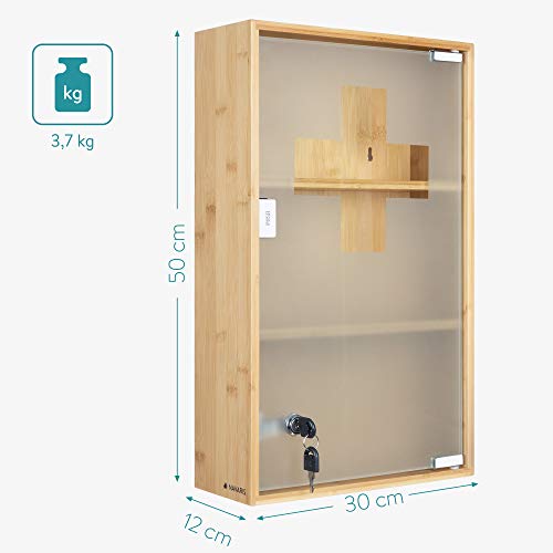 Navaris Medicine Cabinet - Lockable Bamboo Cabinet with First Aid Cross, Tempered Glass and Magnet Closing - Wall Mounted Bathroom Cabinet