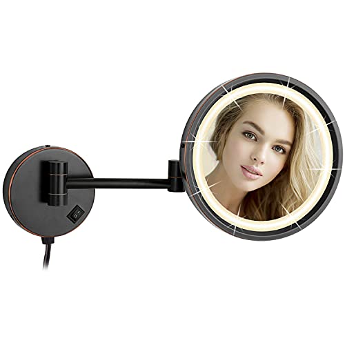 DOWRY Wall Magnifying Mirror with Lights 10x Gold Makeup Mirror 3 Switchable Light Colors Extendable LED Shaving Mirror Flexible Swivel Arm,Diame