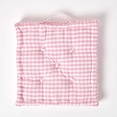 HOMESCAPES Pink & White GINGHAM Check Floor Cushion - 100% Cotton - 40 x 40 x 8 cm Square - Indoor - Garden - Dining chair booster Seat Cushion P