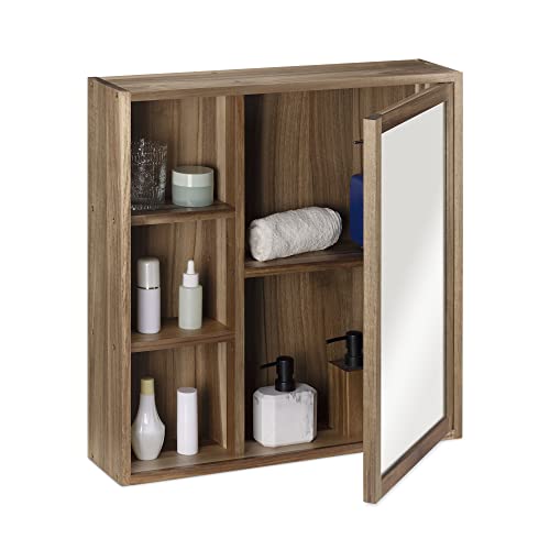 Navaris Wooden Bathroom Cabinet - Acacia Wood Cupboard with Mirror & Shelves - Wall Mounted Storage Unit for Bath Room or Restroom - 60.5 x 60 x