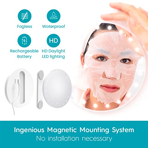 RIKI LOVES RIKI Fogless Shower and Shaving Mirror with Lights | Heated Instant Fog-Free Glass, Secure Magnetic Mount, HD LEDs and Rechargeable Ba