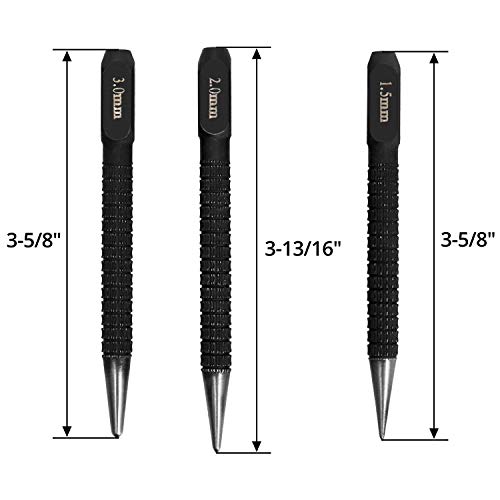 QWORK® 3Pcs Centre Punch Set, Nail Punch, Positioning Punch Set Drilling Holes for Breaker Puncher, 1/16", 5/64'', 1/9"(1.5mm-3mm)