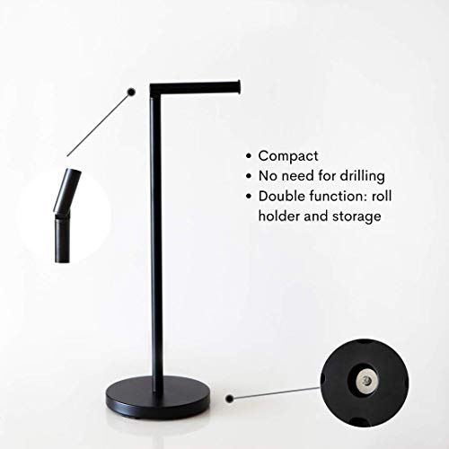 KOOK TIME - Toilet roll holder free standing, black matt powder coated metal,18 x 56 cm. 2 in 1 bathroom accessory, toilet roll holder and toilet