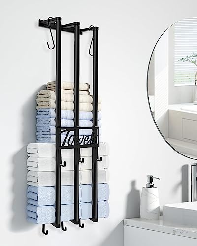 Yoeug Towel Racks for Bathroom Wall Mounted 3 Bars Towel Holder with 5 Hooks Strong Steel Towel Storage Waterproof for Kitchen Living Room Closet