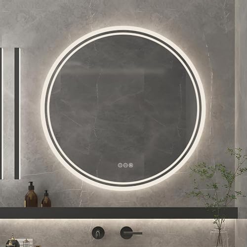 LUVODI LED Bathroom Mirror Round: 600mm Illuminated Dimmable Backlit Lighted Wall Circle Vanity Mirror with Anti Fog + Smart Touch Button Makeup