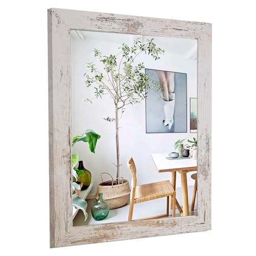MIZEEYE Wall Mirror Decorative for Farmhouse, White Wood Frame Mirror for Wall, Rectangular Hanging Mirror for Bathroom, Bedroom, Living Room, Ha