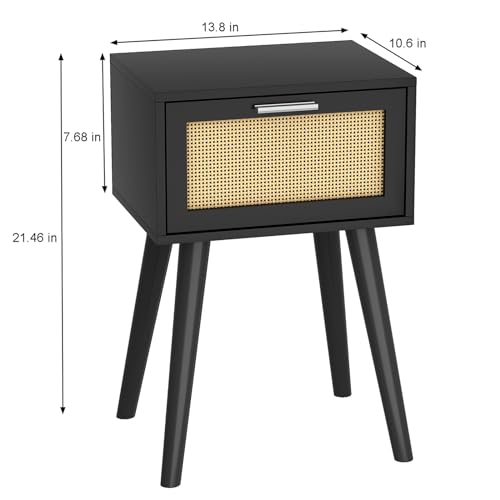 LAATOOREE Nightstand Set of 2, Small End Table with Rattan Door, Bedside Table with Solid Wood Feet, Boho Side Table for Bedroom Living Room Smal