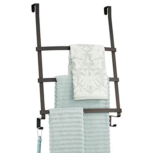 mDesign Over The Door Towel Ladder - Towel Rail with 3 Rungs and 2 Hooks for Bath Towels, Hand Towels or Clothing - Over The Door Towel Rack - Br