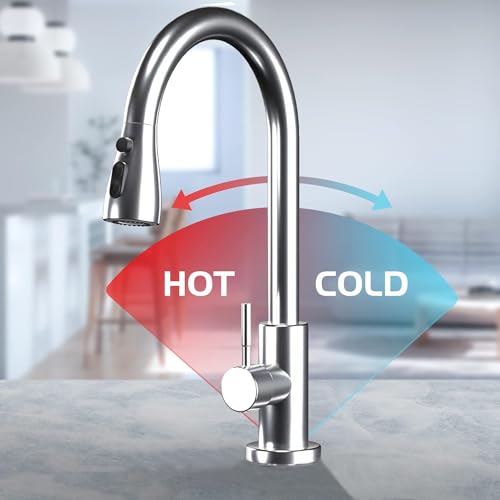 Kitchen Sink Taps Mixer with Pull Out Spray, Single Handle High Arc Commercial Stainless Steel Kitchen Faucet Suitable for UK Standard Fittings B