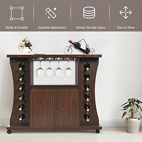 DSHGDJF Rolling Buffet Sideboard Wooden Bar Storage Cabinet W/Wine Rack & Glass Holder