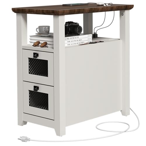 HDDDZSW Farmhouse XXL End Table with Charging Station, Narrow Side Table with USB Ports and Outlets, Nightstand with 2 Drawers Storage, Bedside T