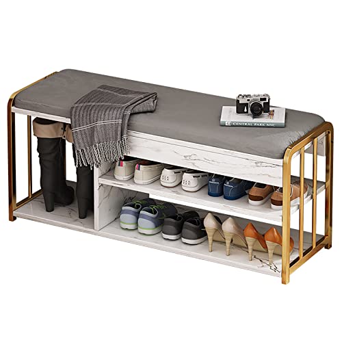 Shoe Storage Bench with Foam Padded Seat, 2-Tier Wooden Shoe Bench with Storage Space, Entryway Shoe Bench, Metal Frame, for Hallway Front Door,