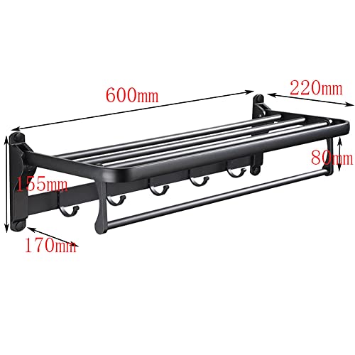 Hoopever 24 Inch Foldable Towel Rack for Bathroom with Hooks Towel Bar, Adjustable Bathroom Lavatory Towel Shelf Wall Mounted, Space Aluminum, Bl