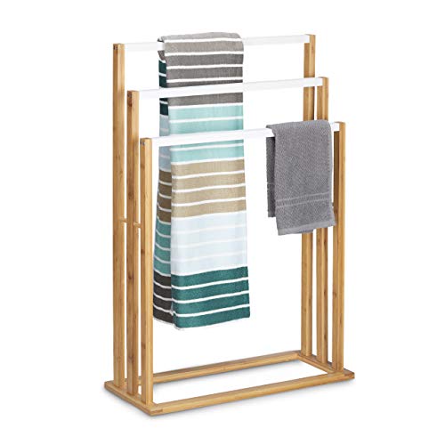 Relaxdays Bamboo Stand Size: Approx 82 x 54 x 24 cm Ascending Holder w/ 3 Rails as Elegant Bathroom Accessory Freestanding Rack for Bath and Hand