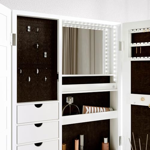 CARME Jewellery Cabinet Armoire with LED Light Mirror & Drawers - Wall Mounted Storage & Organiser Unit for Makeup - Bedroom, Dresser & Vanity Fu