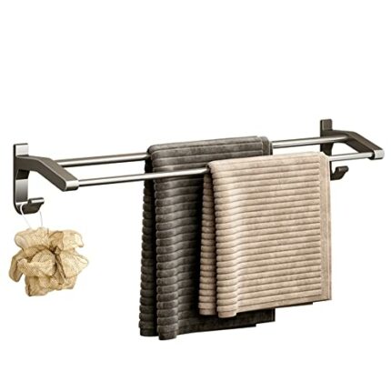 LamChyar Double Towel Bar, Towel Rack for Bathroom, Aluminum Alloy Towel Bar with 2 Hooks, Wall Mount No-Nailing, Bathroom Storage Assistant(Gun
