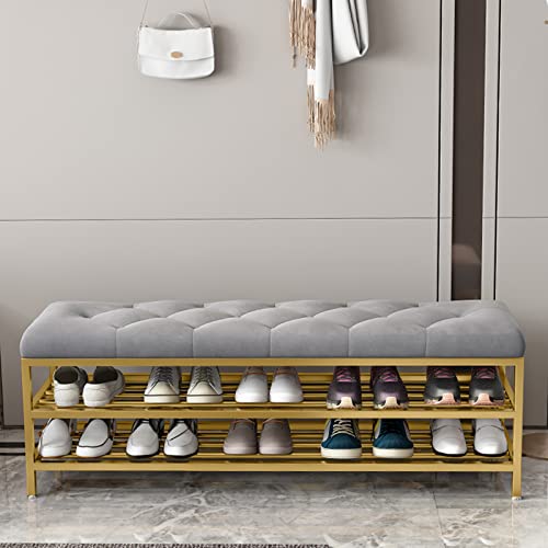 Metal Entrance Shoe Rack,Large Capacity Luxury Upholstered Shoe Storage Bench with Velvet Seat,Modern Shoe Bench for Hallway Accent Furniture-Gre