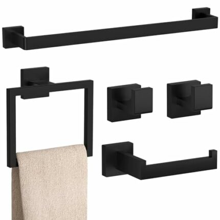 5-Pieces Matte Black Bathroom Accessories Set, 23.6 Inch Bath Towel Bar Set, SUS 304 Stainless Steel Bathroom Hardware Set, Towel Racks for Bathr