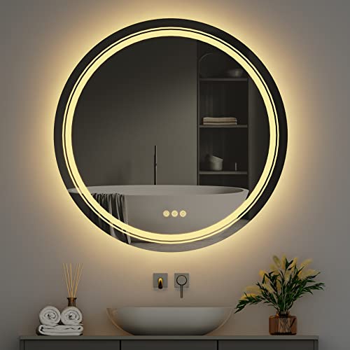 LUVODI Round Illuminated Bathroom Mirror: 600mm Dimmable LED Lighted Circle Wall Mounted Vanity Mirror with Demister Pad Smart Touch Sensor for M