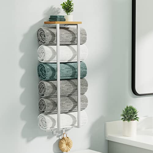 KES Towel Rack for Rolled Towel with Bamboo Board, Bathroom Towel Holder Towel Storage with Hooks Brushed Finish Wall Mounted, BTR215-2