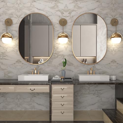 NEUWEABY Oval Bathroom Mirror Capsule Wall Vanity Mirror, 2 Piece 20"x30" Pill Mirrors Wall Mounted Mirror, Large Modern Mirror with Gold Metal F
