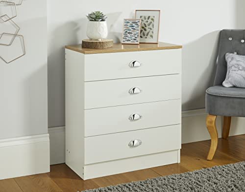 House and Homestyle Lilsbury 4 Drawer Bedroom Chest of Drawers in Cream and Oak with Chrome Cup Handles – 70 x 60 x 30cm