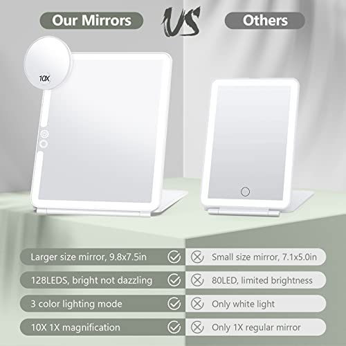 Large Travel Makeup Mirror with 10X Magnifying Mirror, Travel Lighted Makeup Mirror, 3 Color Lighting, Rechargeable 2000mAh Batteries, Portable U