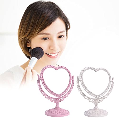 Jorzer Heart Shaped Mirror Rotatable Makeup Mirror Double Sided Vanity Mirror Swivel Cosmetic Mirror Girls Women Stand Desktop Plastic Mirror - P