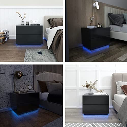 Meerveil Bedside Table, LED Bedside Cabinet with 2 Drawers High Gloss with USB Light 60x39x45cm for Bedroom Living Room, Black