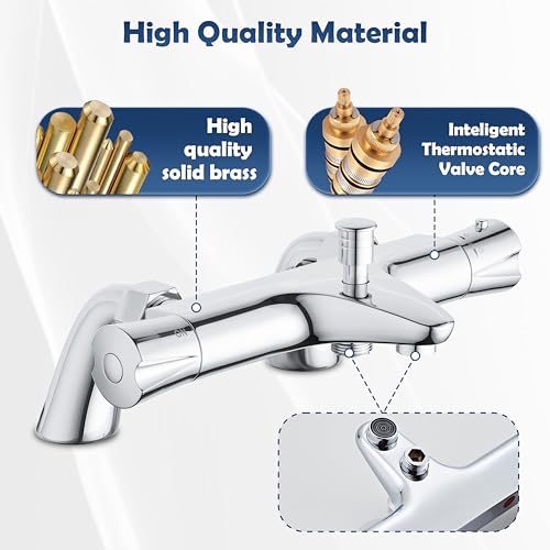 PURAGEIR Thermostatic Bath Shower Mixer, Deck Mounted Bath Mixer Shower,Thermostatic Bath Shower Valve with Anti-Scald Control, Chrome, Bathtub M