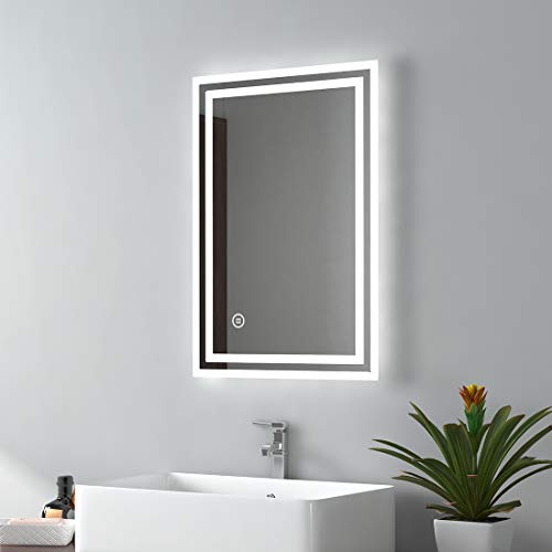 EMKE Bathroom Mirror with LED Lights - 400x600mm Backlit LED Illuminated Bathroom Mirror with Demister Heat Pad, Makeup Vanity Touch Mirror with